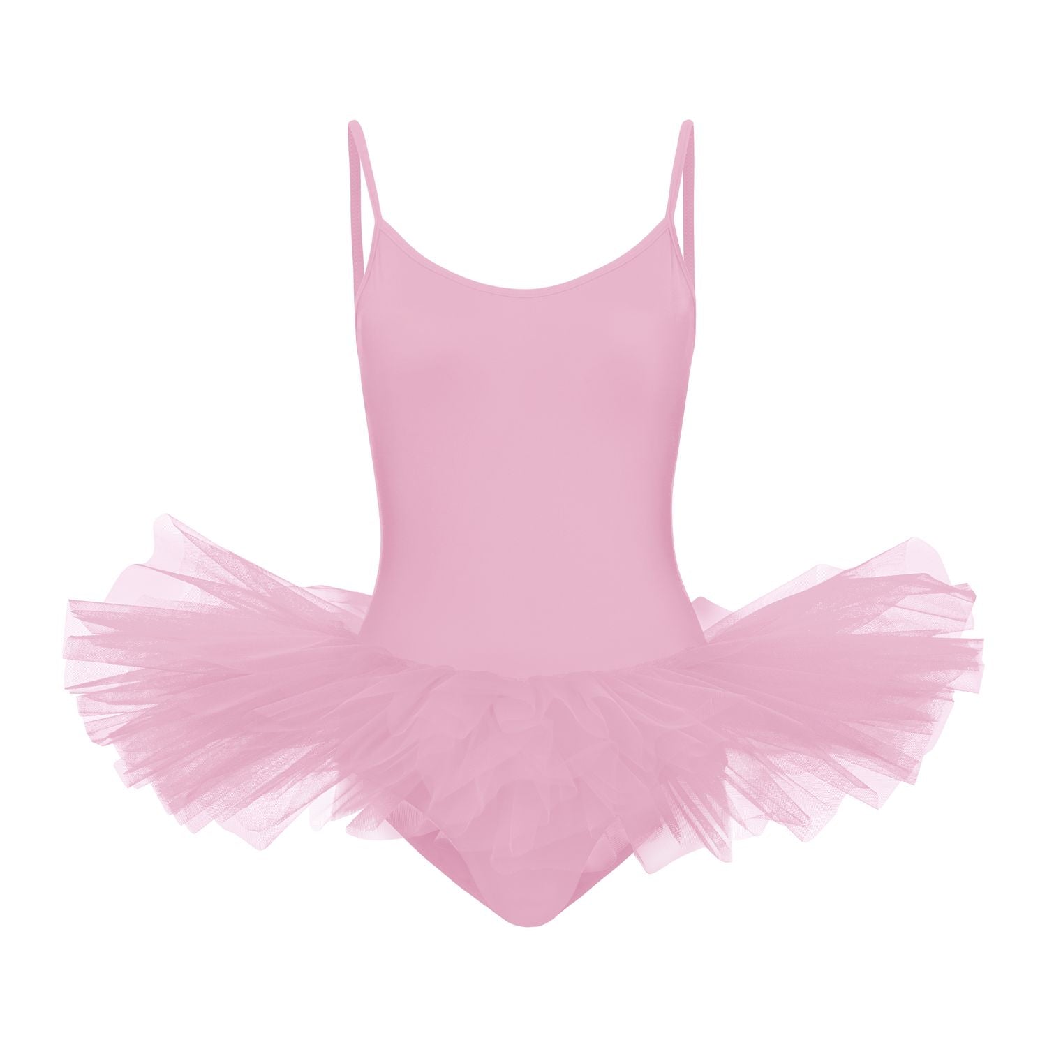 Das rosa Tutu und der Body R3105 von Rumpf haben Spaghettiträger und einen mehrlagigen Tüllrock auf weißem Hintergrund.